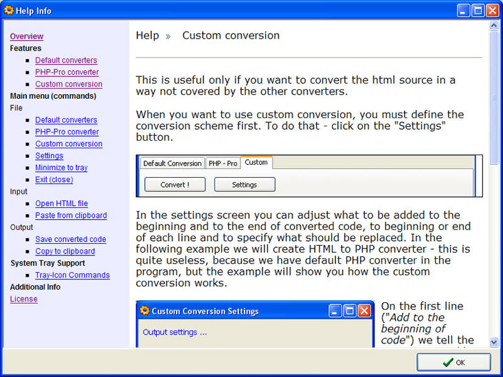 html converter help screen
